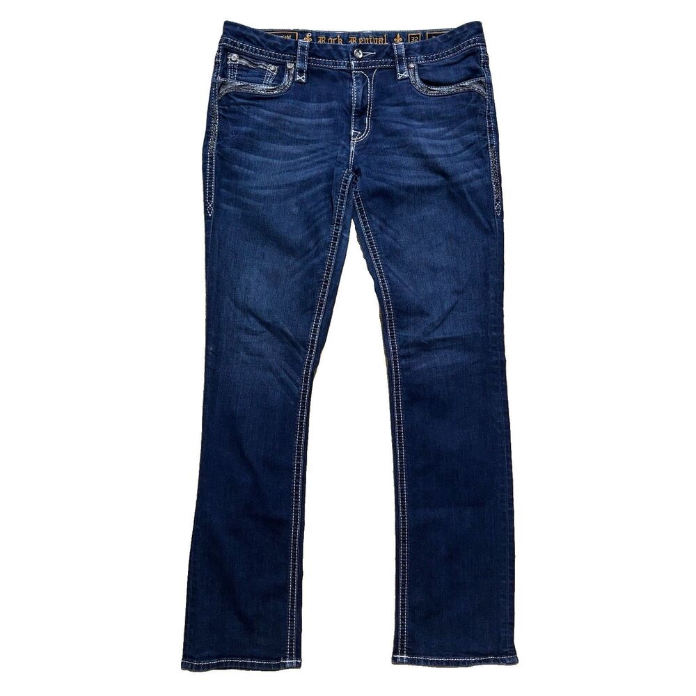 Rock Revival Deeka Jeans Womens 32x34 Straight Leg Stretch Dark Blue Embellished